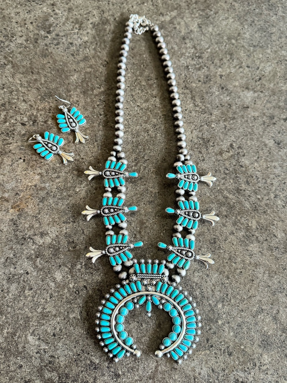 Costume Faux Silver & Turquoise Squash Blossom Necklace & Earrings Kingman